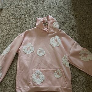 Pink Hoodie with White Cloud Patterns